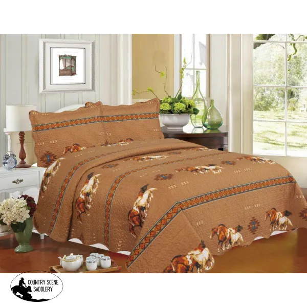 3PC  KING Size Quilted Tan Running Horse Quilt Set