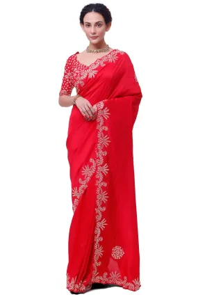 92A135 Red Embroidered Silk Saree with Embroidered Designer Blouse