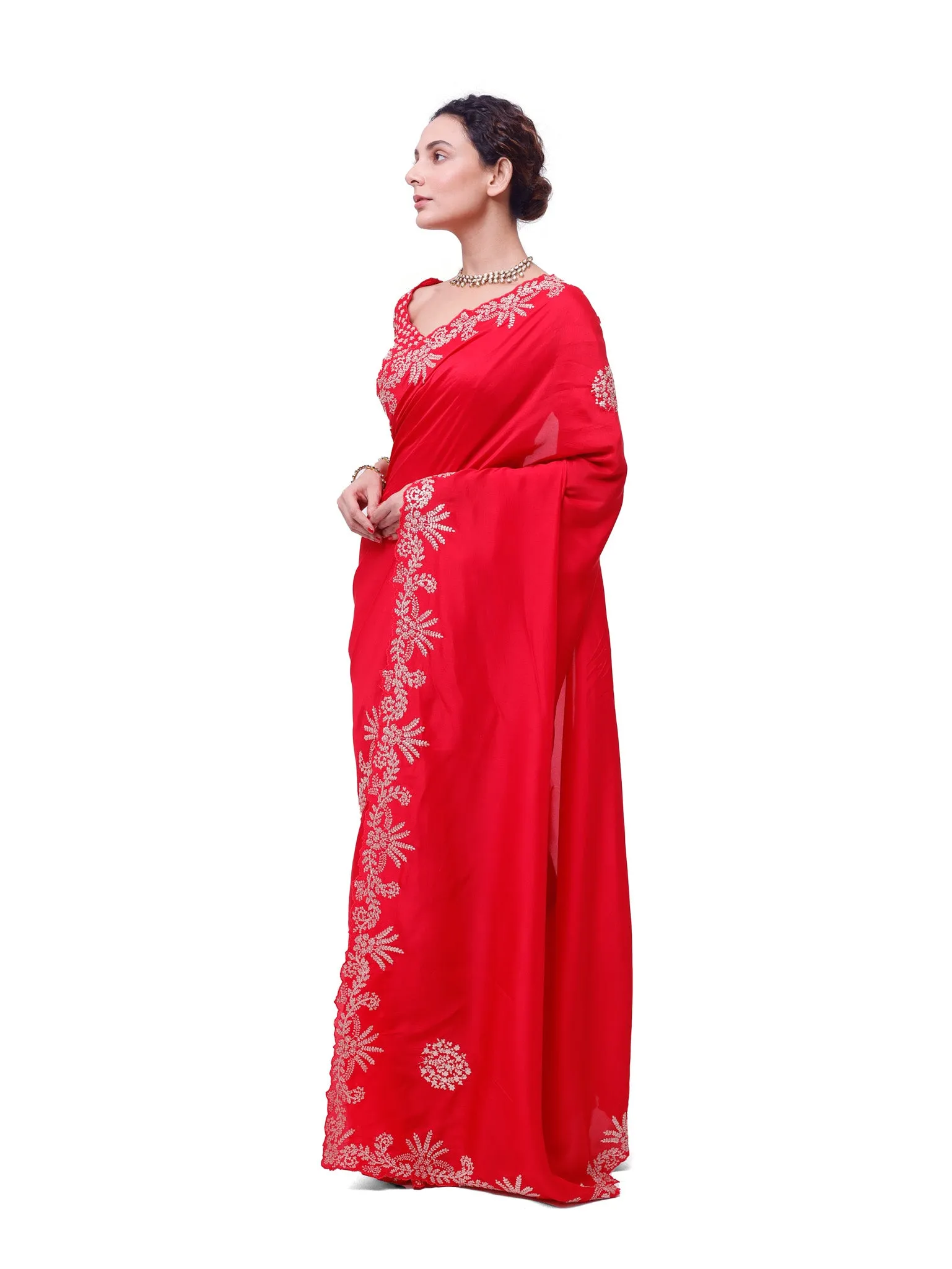 92A135 Red Embroidered Silk Saree with Embroidered Designer Blouse