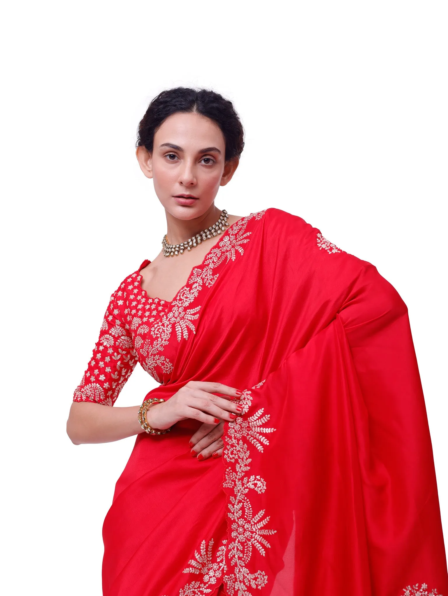 92A135 Red Embroidered Silk Saree with Embroidered Designer Blouse