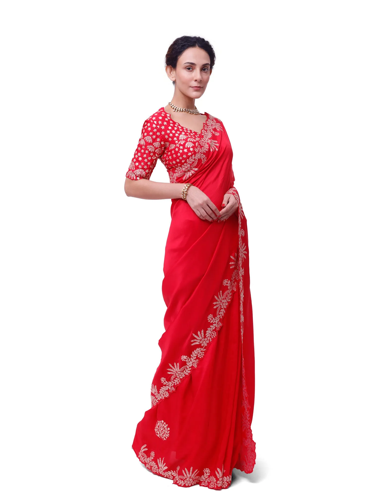 92A135 Red Embroidered Silk Saree with Embroidered Designer Blouse