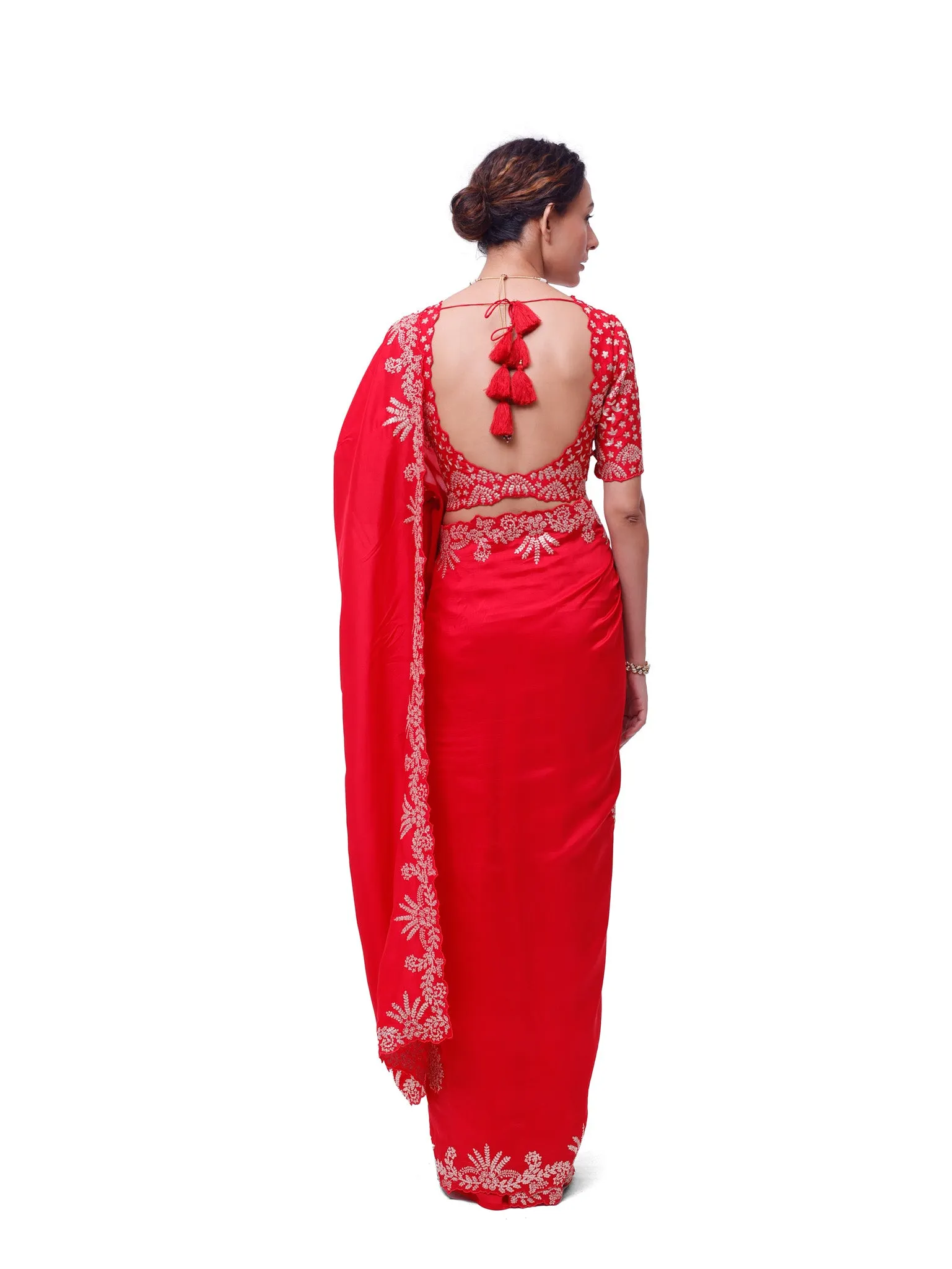 92A135 Red Embroidered Silk Saree with Embroidered Designer Blouse