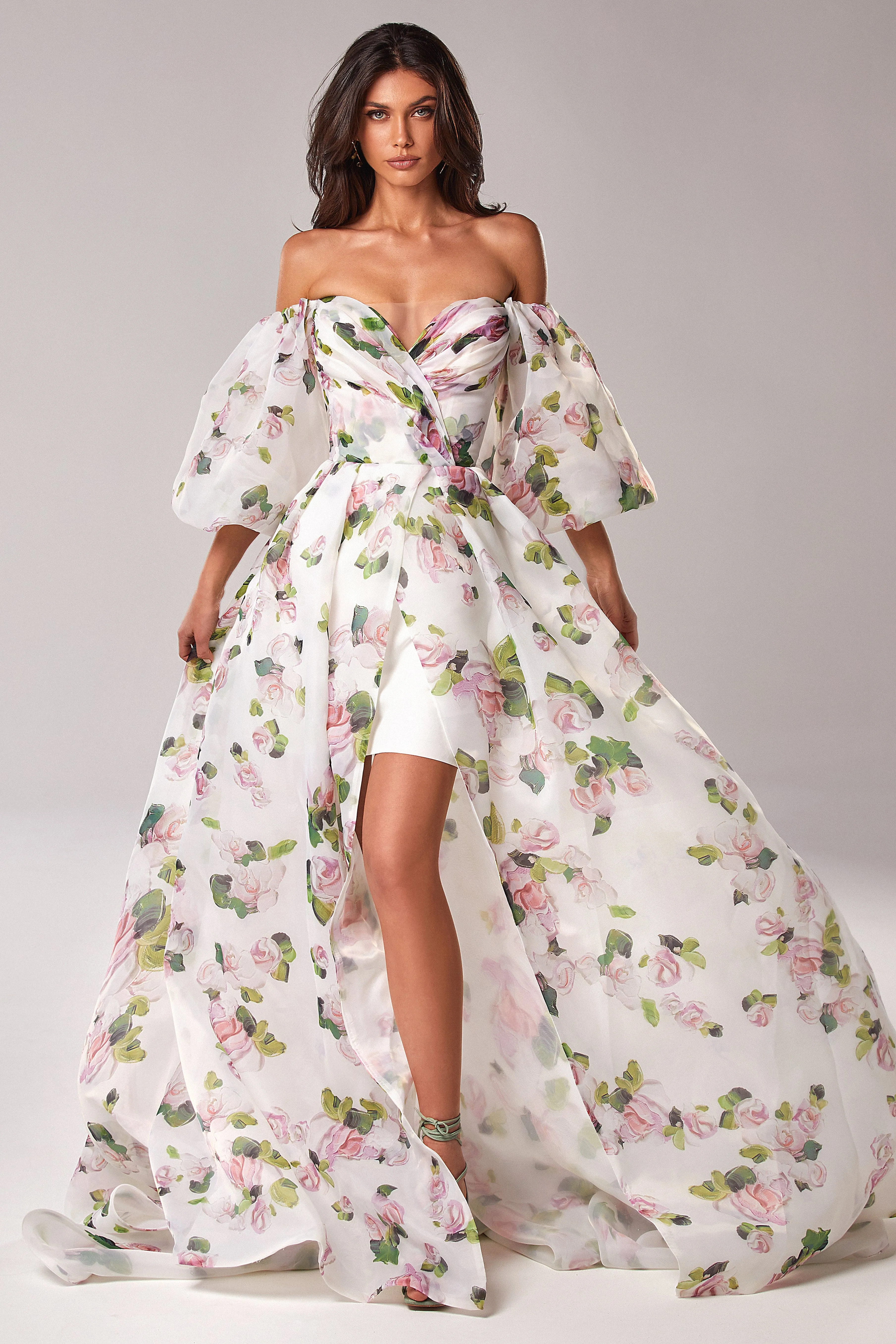 Apple Blossom Elegant floral puff sleeve maxi dress