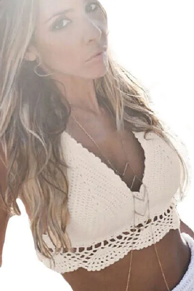 Beige Elegant Crochet Summer Cami Crop Top