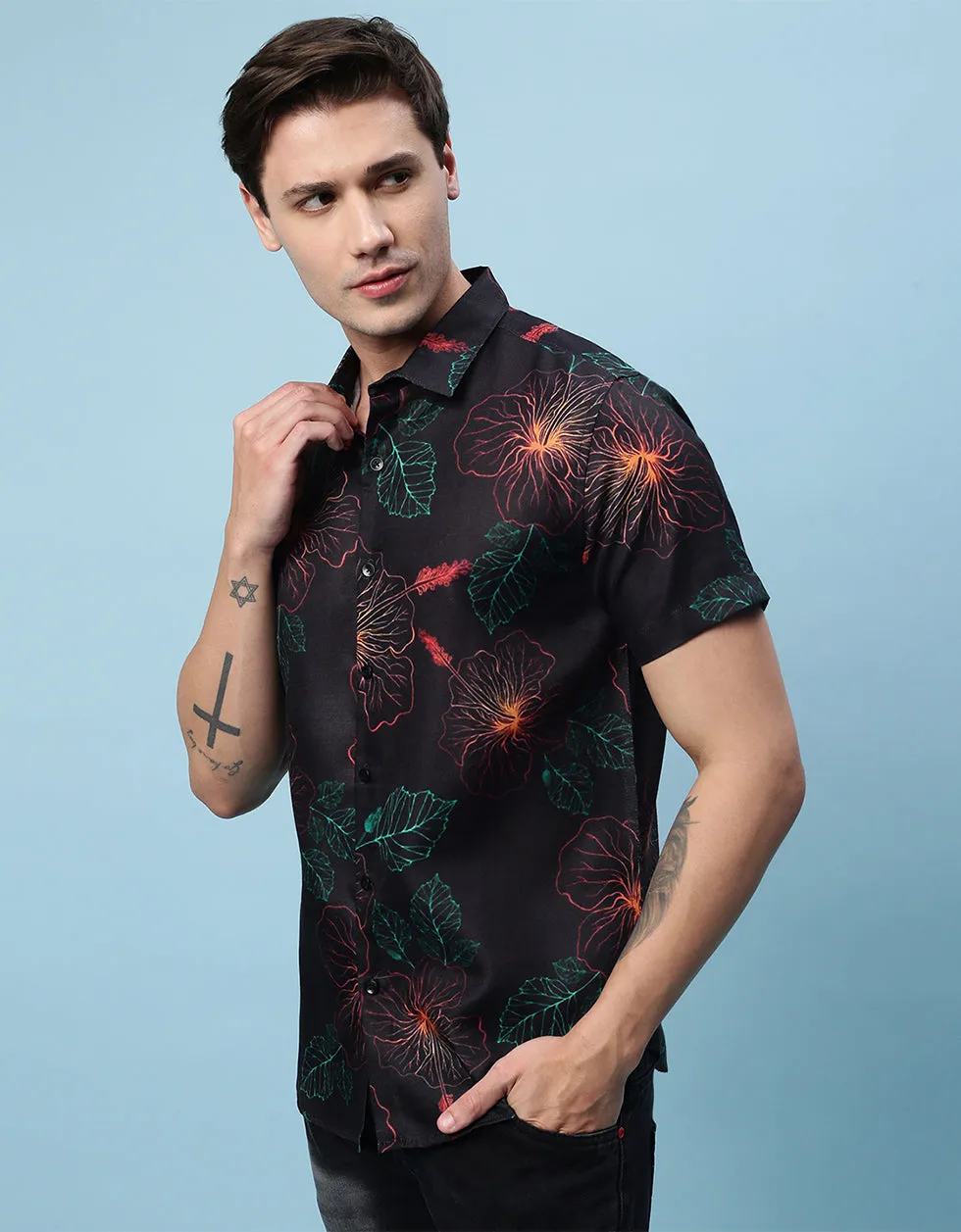 Black Floral Printed Casual Shirt