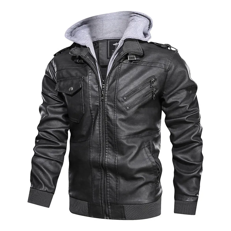 Casual Detachable Hooded PU Men Jacket