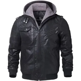 Casual Detachable Hooded PU Men Jacket