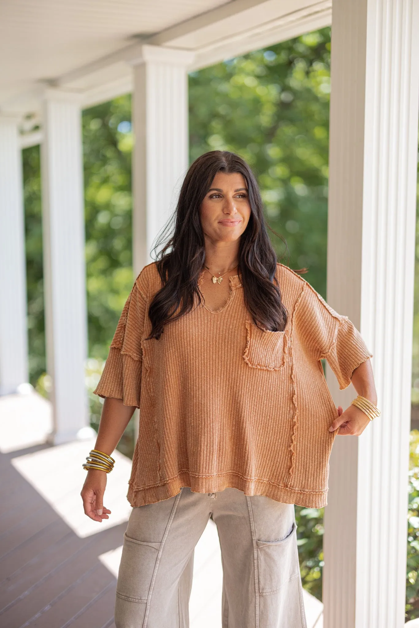 Cozy Perfection Washed Caramel Top