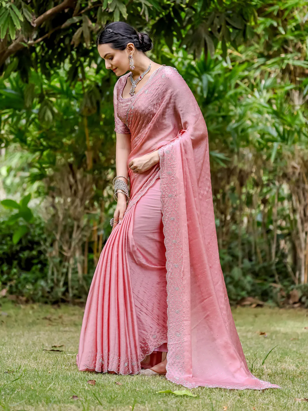 Cutdana Embroidered Chinnon Saree