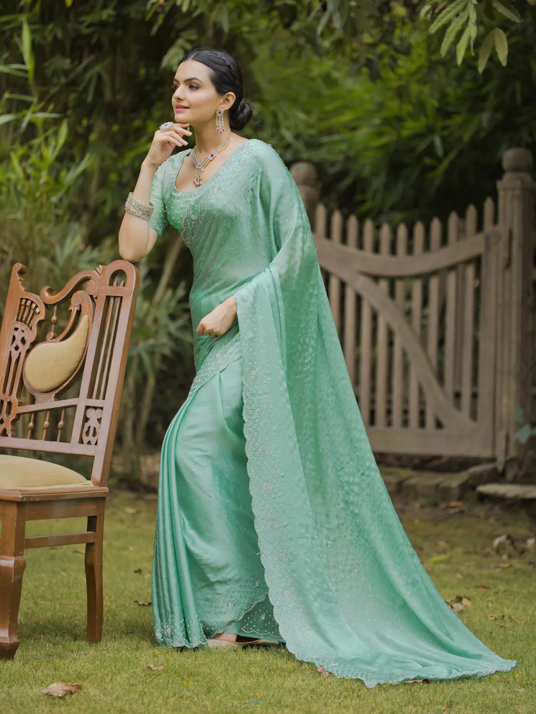 Cutdana Embroidered Chinnon Saree