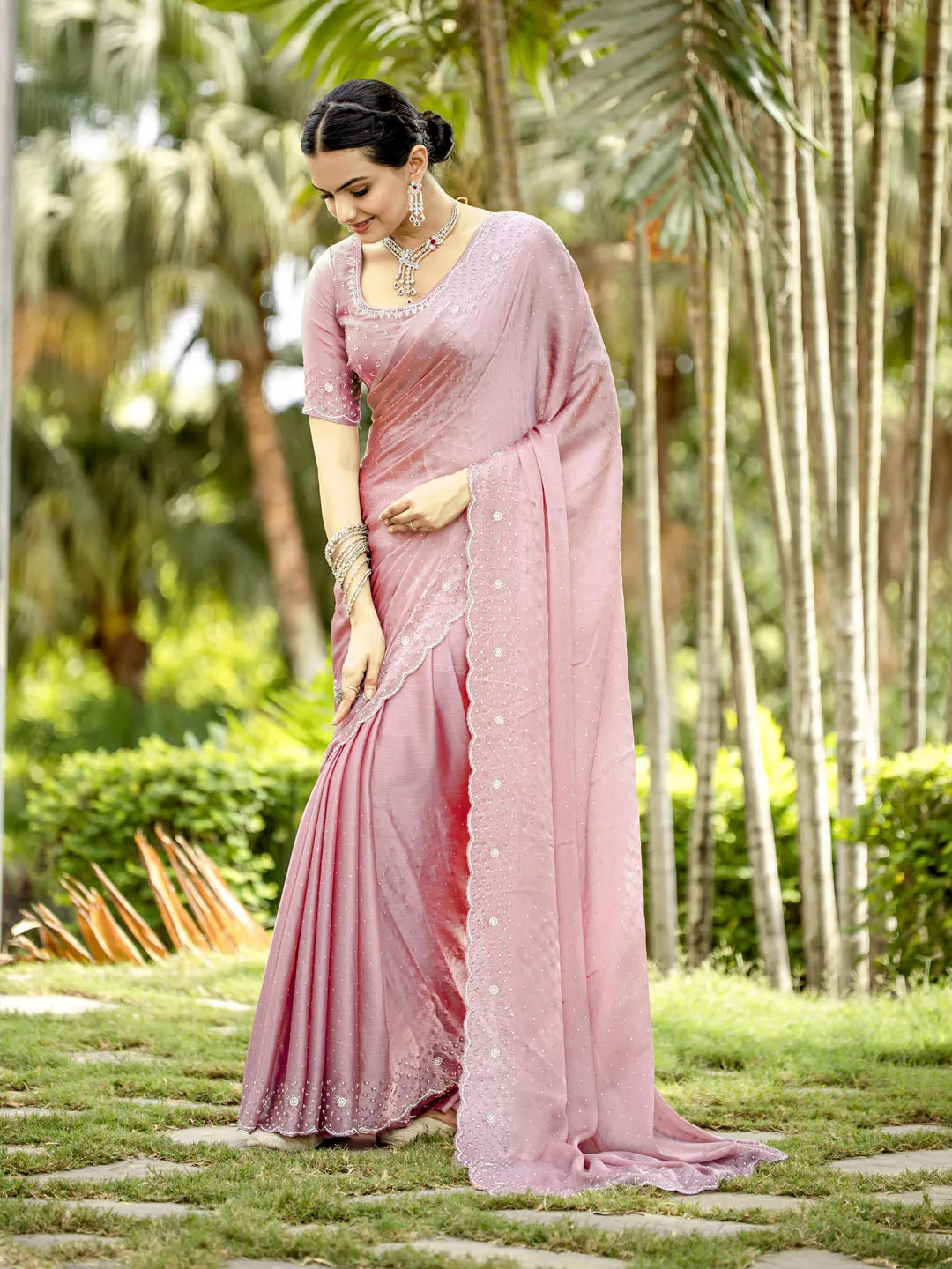 Cutdana Embroidered Chinnon Saree