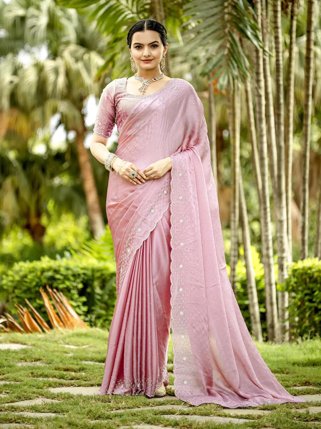 Cutdana Embroidered Chinnon Saree