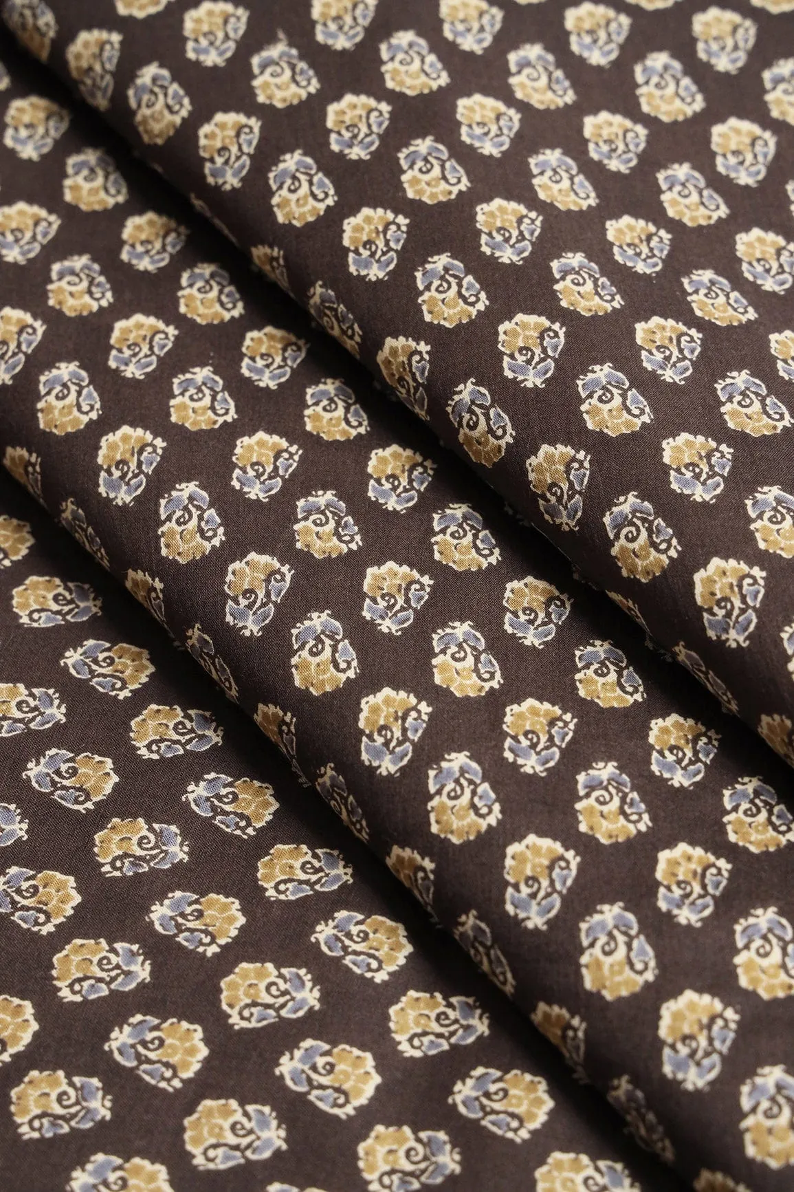 Dark Brown And Olive Floral Print On Pure Cotton Fabric