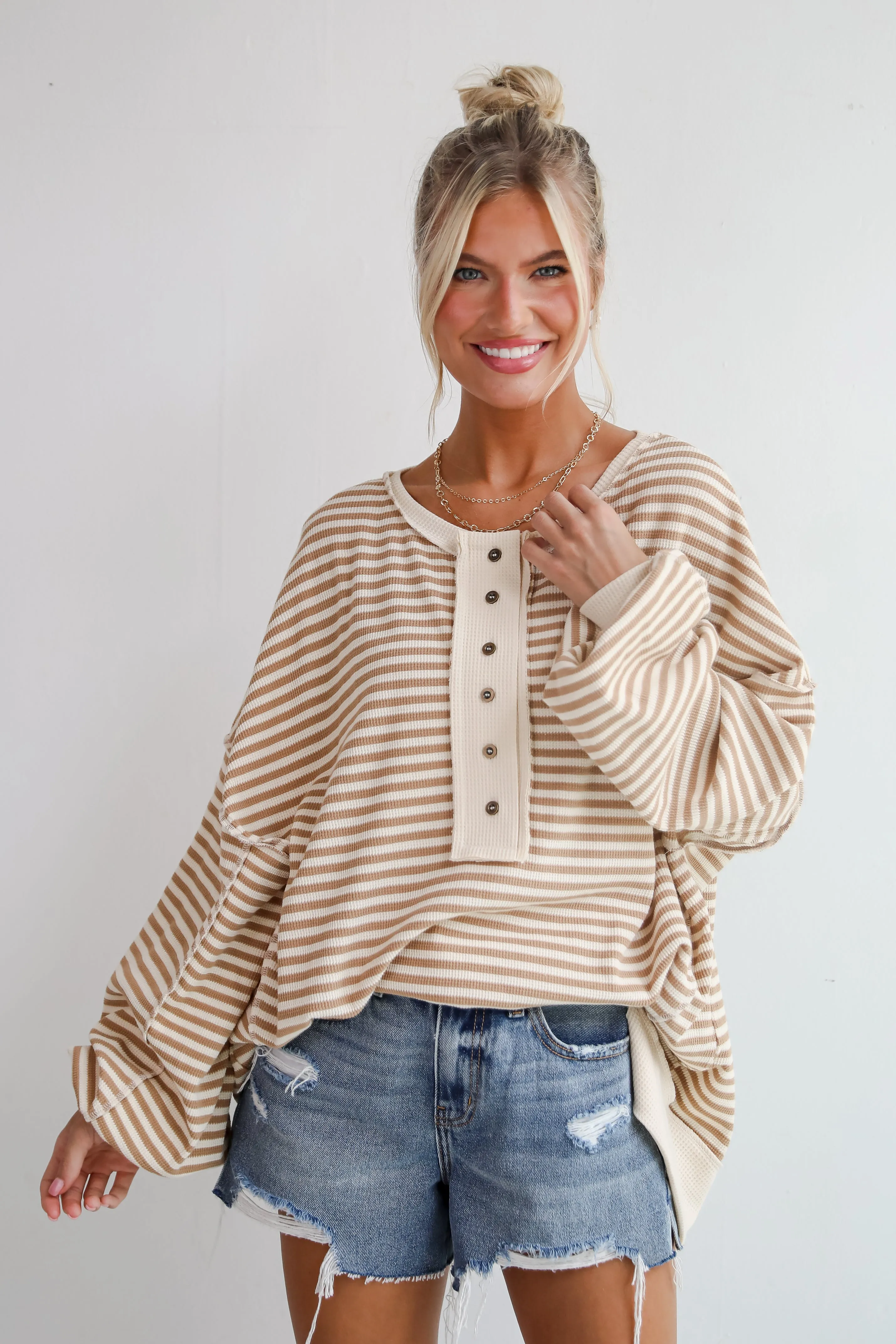 Enviably Cozy Cream Striped Oversized Waffle Knit Top