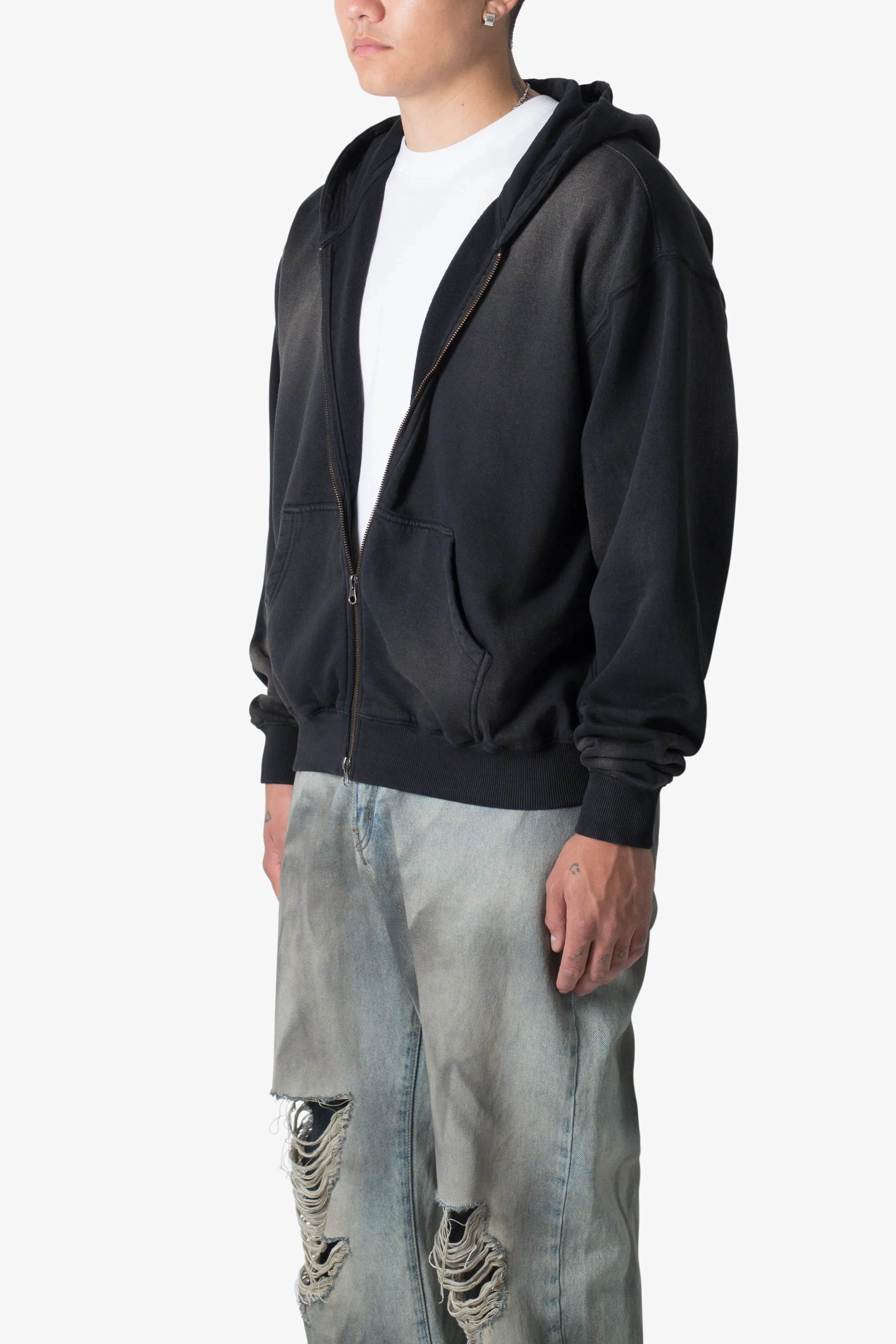 Faded Basic Zip Up Hoodie - Washed Black