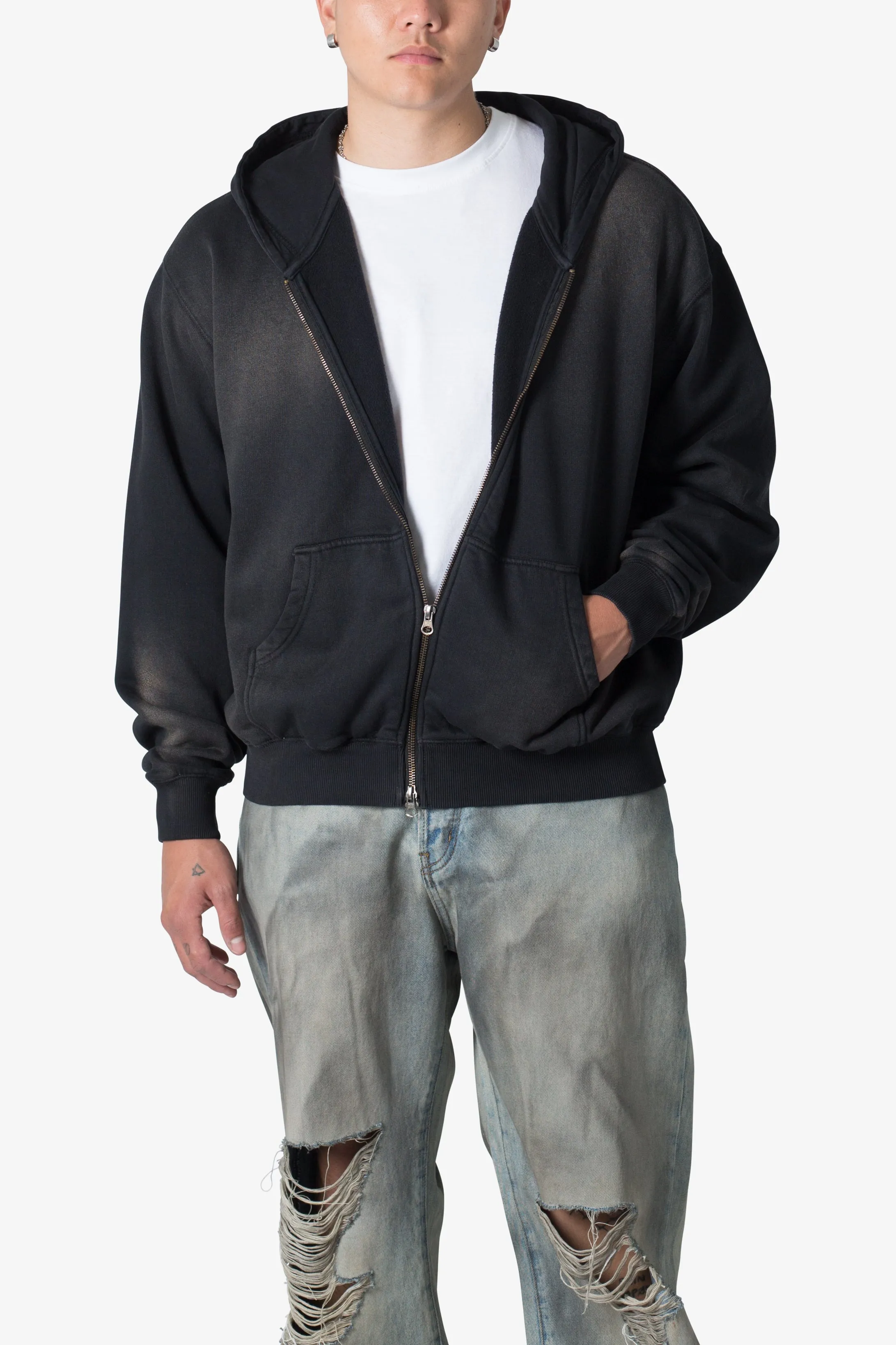 Faded Basic Zip Up Hoodie - Washed Black