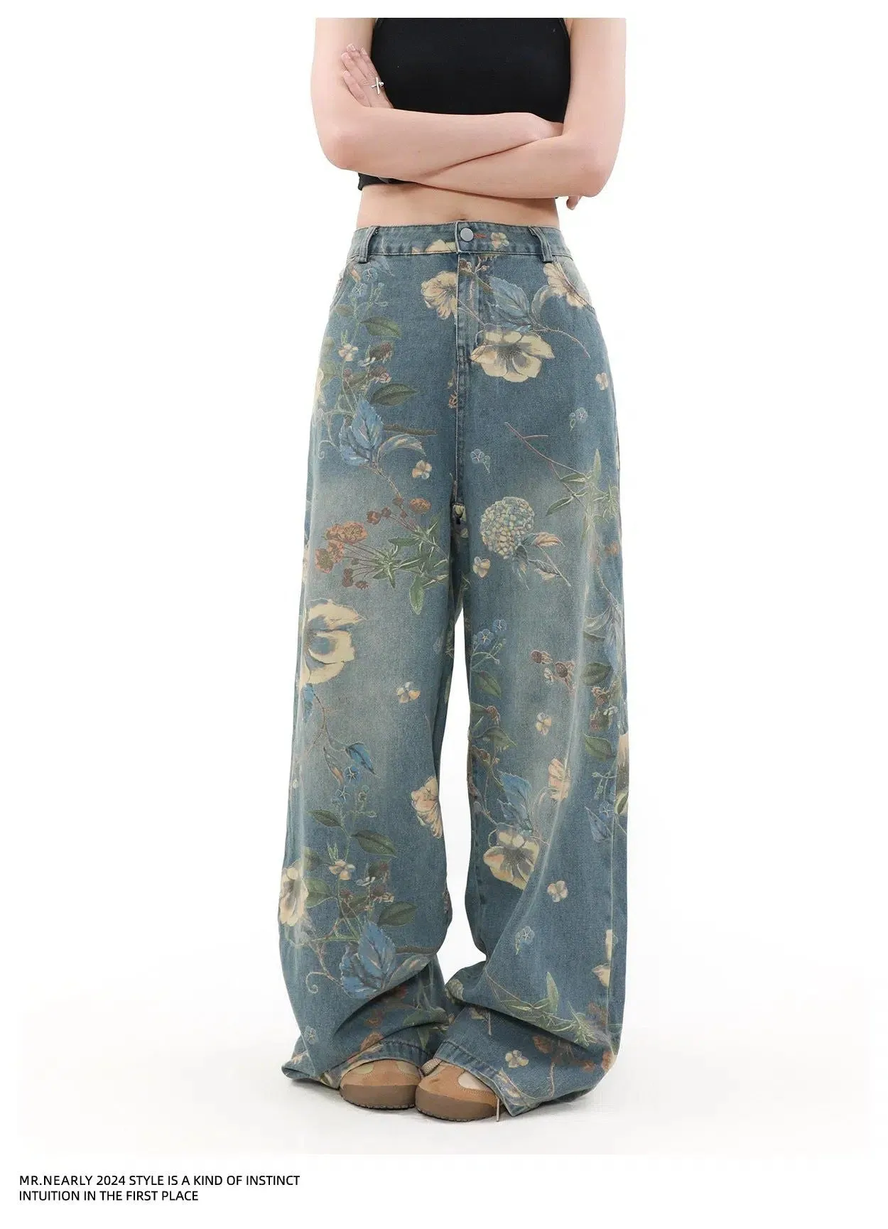 Faded Floral Pattern Jeans