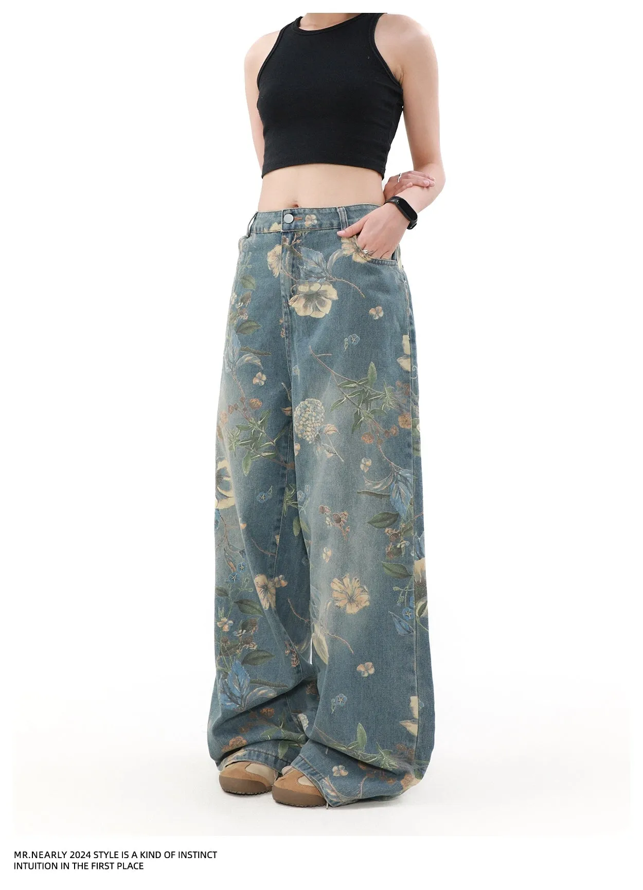 Faded Floral Pattern Jeans