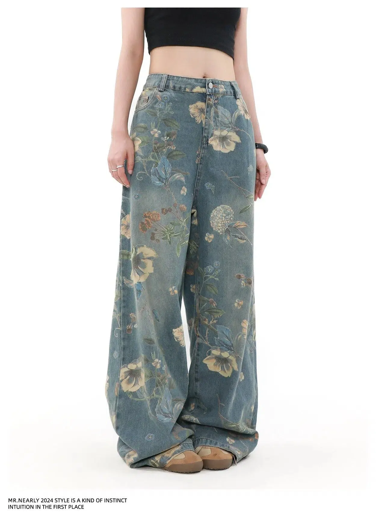 Faded Floral Pattern Jeans