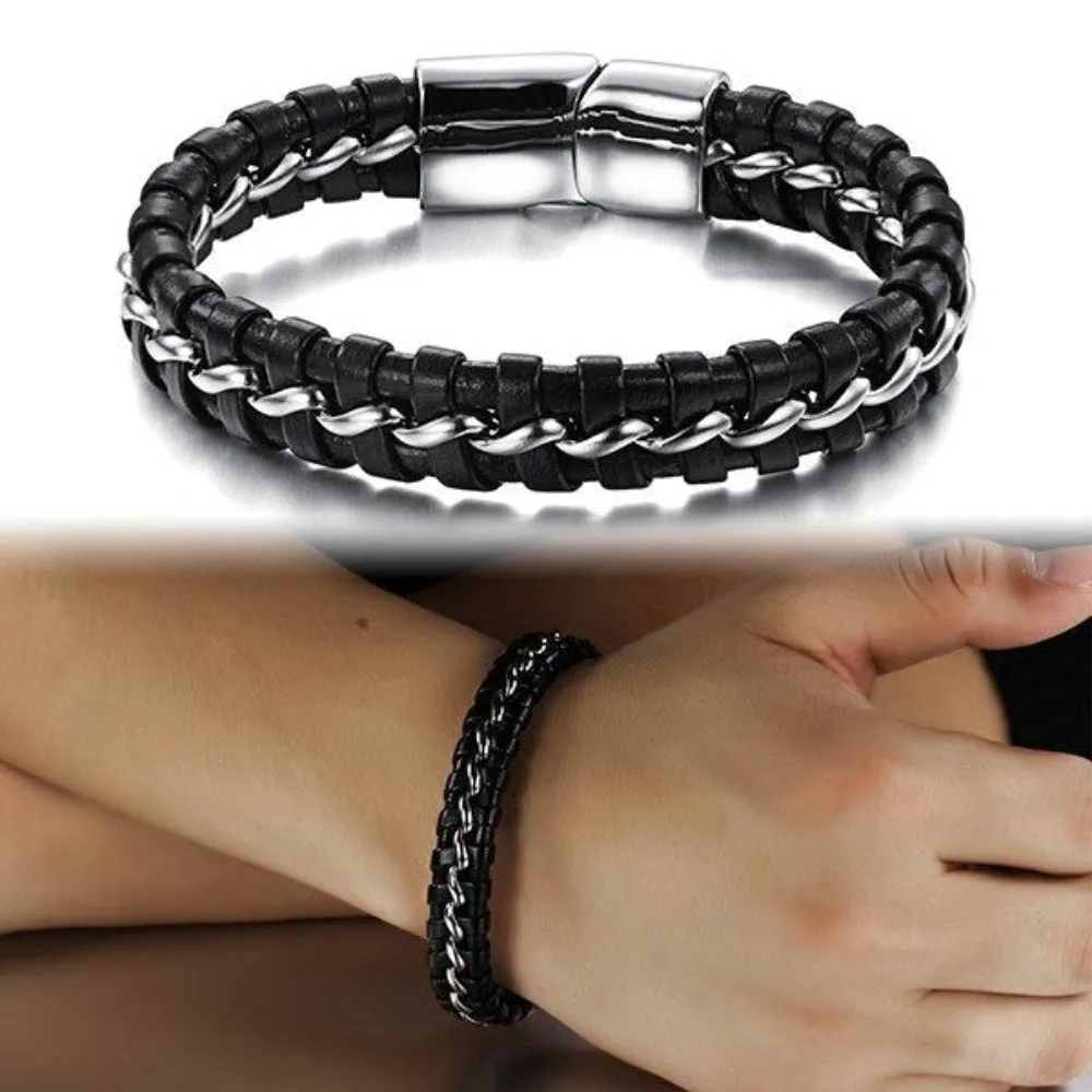 Genuine Leather Stainless Steel Men Bracelet