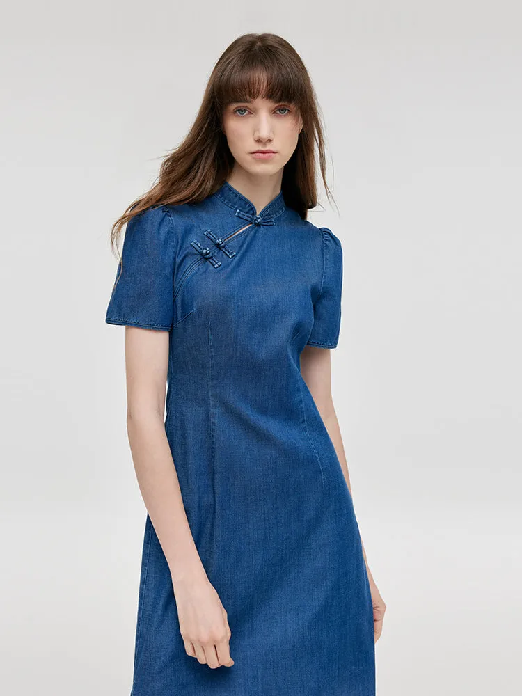 Gradient Denim Women Qipao Midi Dress