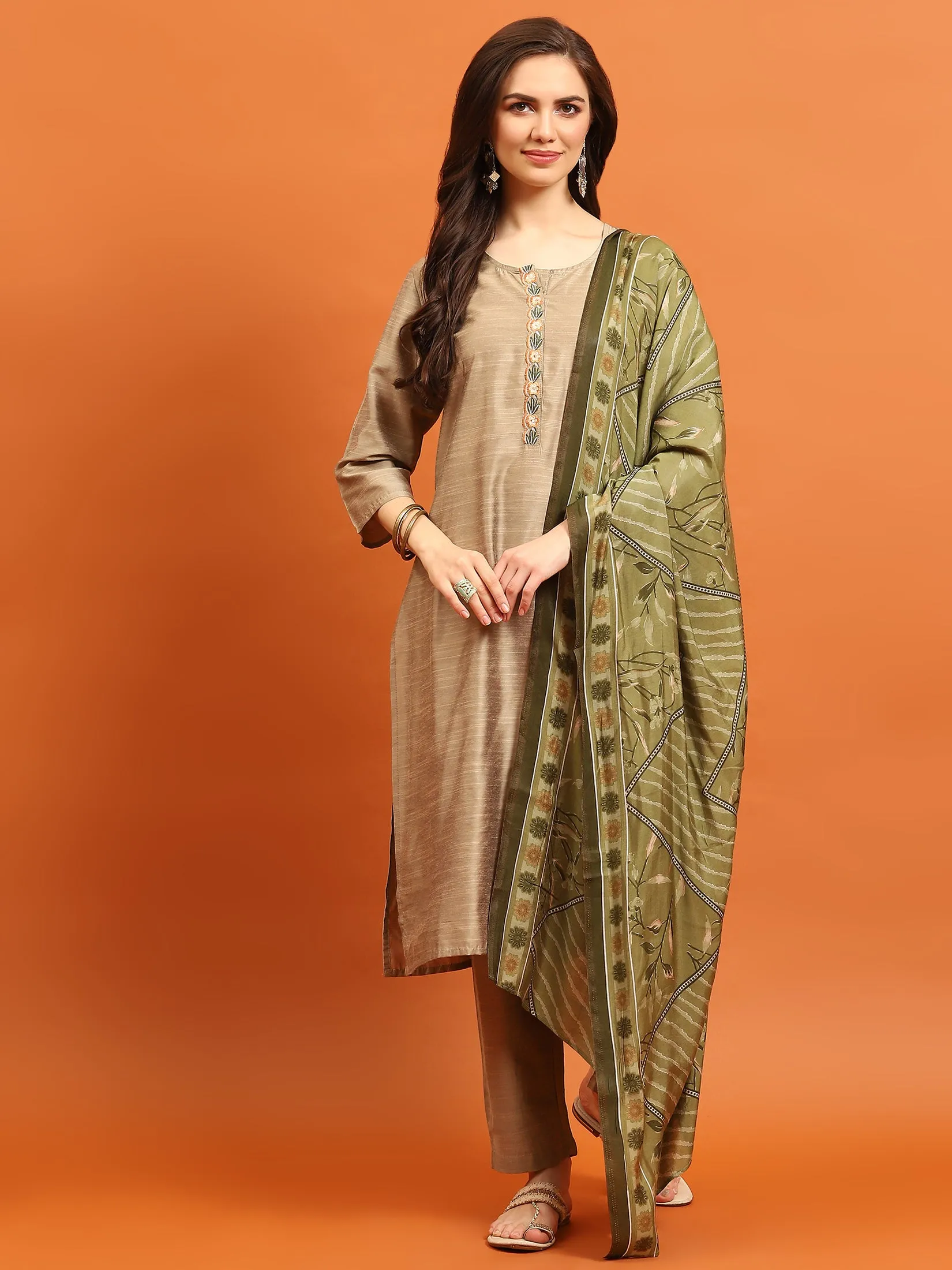 Indiessence Women Beige Solid Kurta Trouser Dupatta