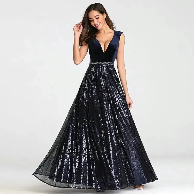 Isidora Navy Blue Elegant Beading Sequin Gown