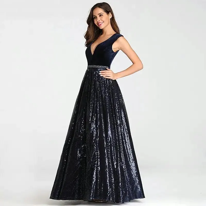 Isidora Navy Blue Elegant Beading Sequin Gown