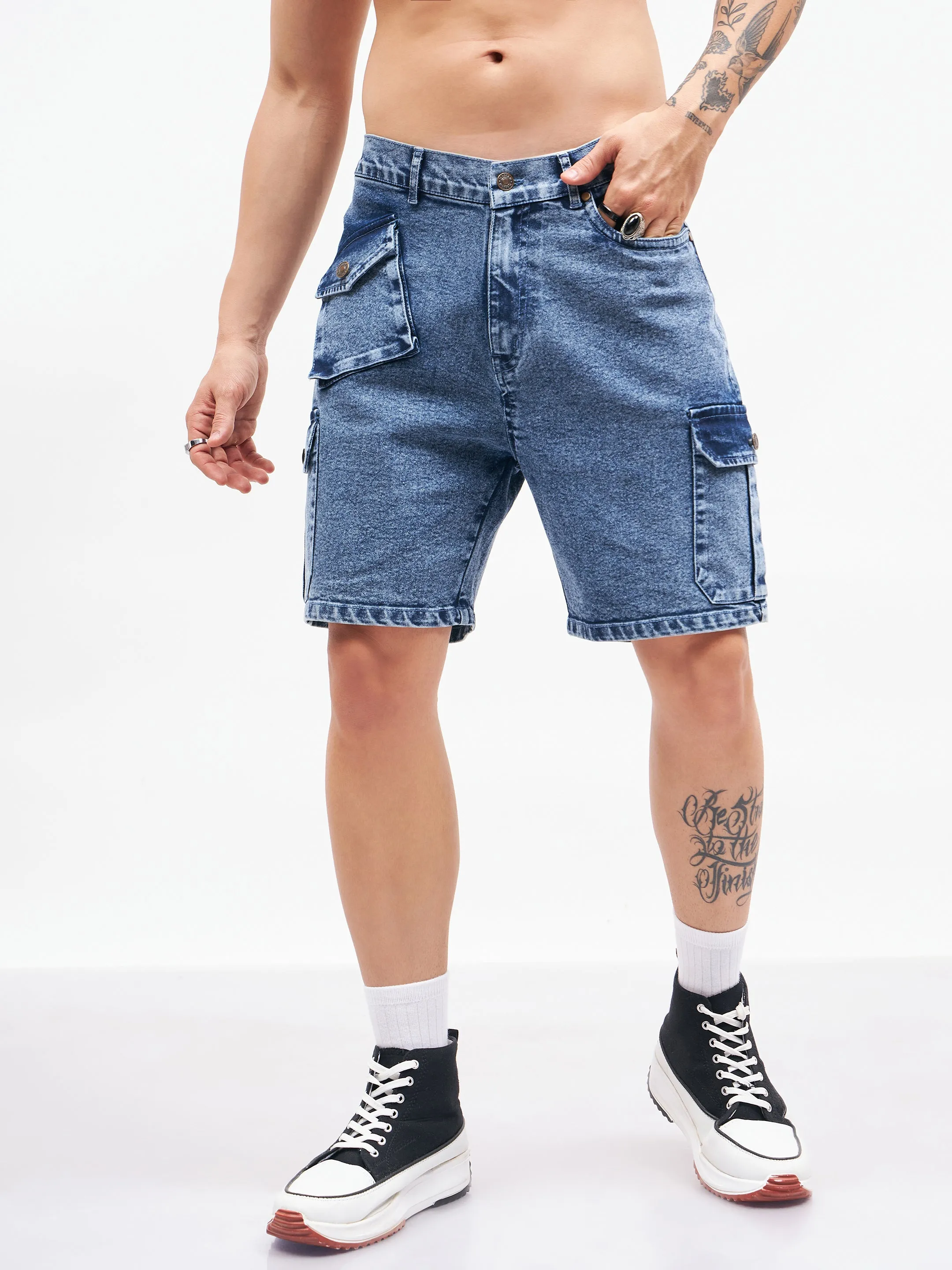 Men Blue Utility Pocket  Denim Shorts