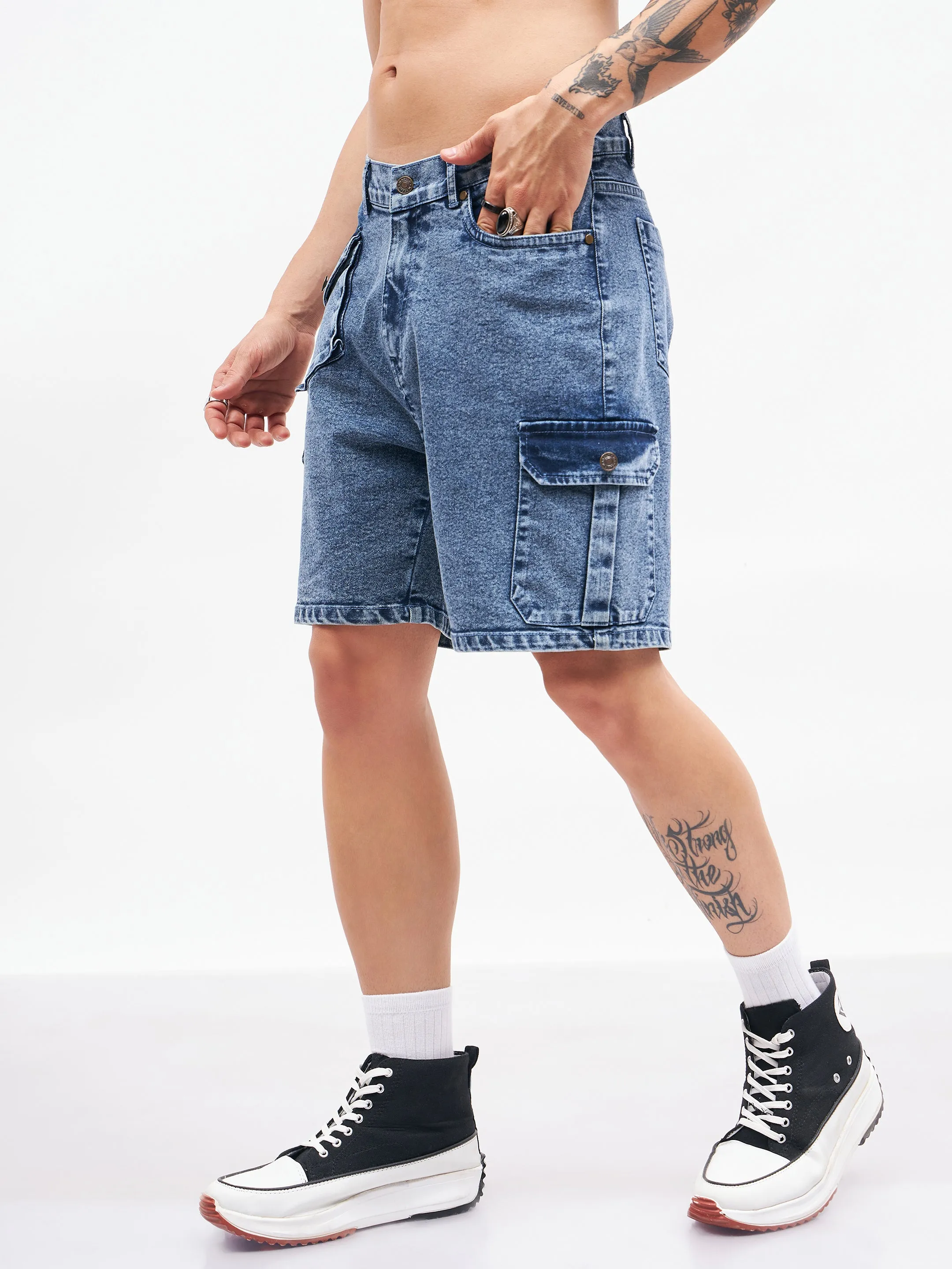 Men Blue Utility Pocket  Denim Shorts