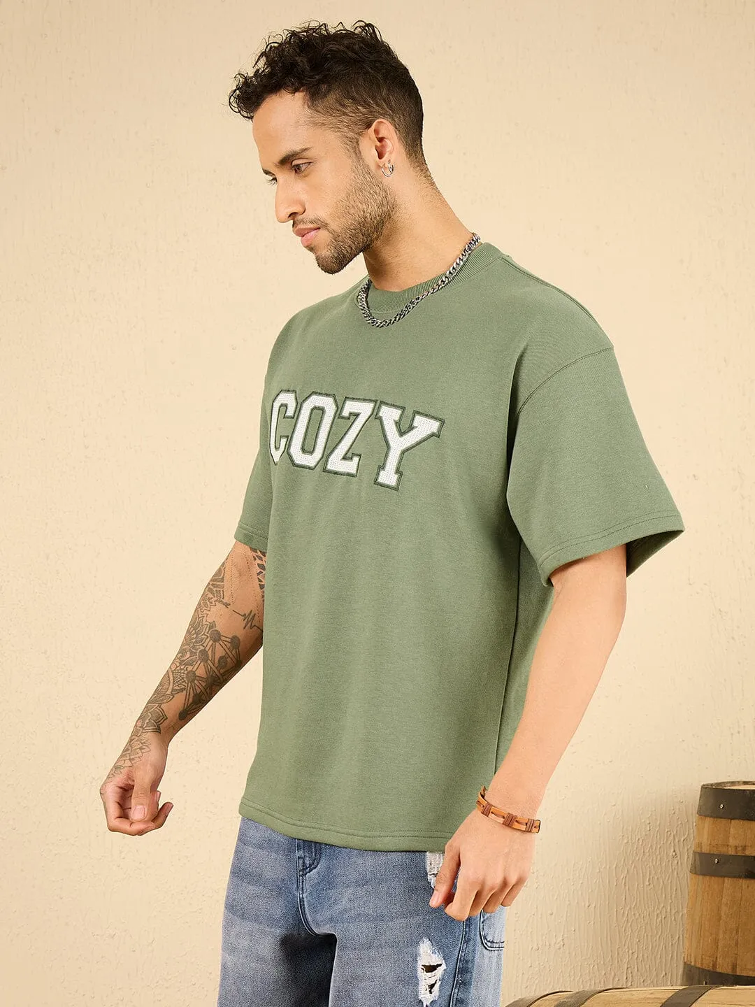 Mineral Green Cozy Embroidered Oversized Tshirt