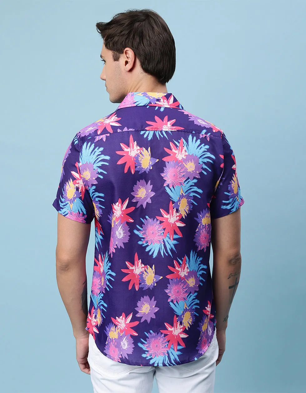 Navy Floral Printed Casual Shirt