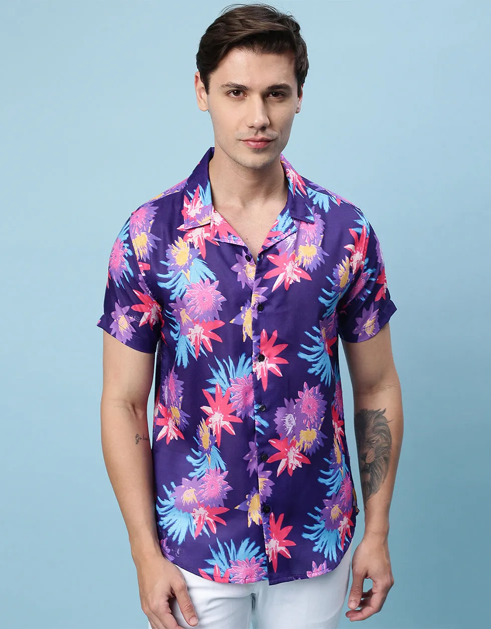 Navy Floral Printed Casual Shirt