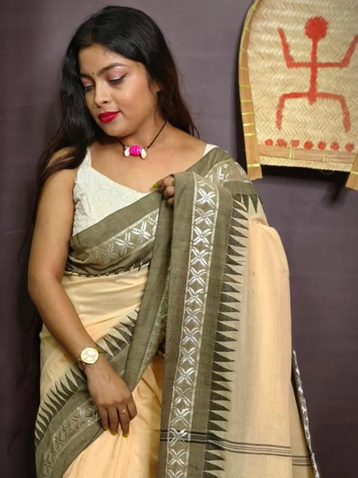 Odette Beige Cotton Saree With Unstitched Blouse For Women