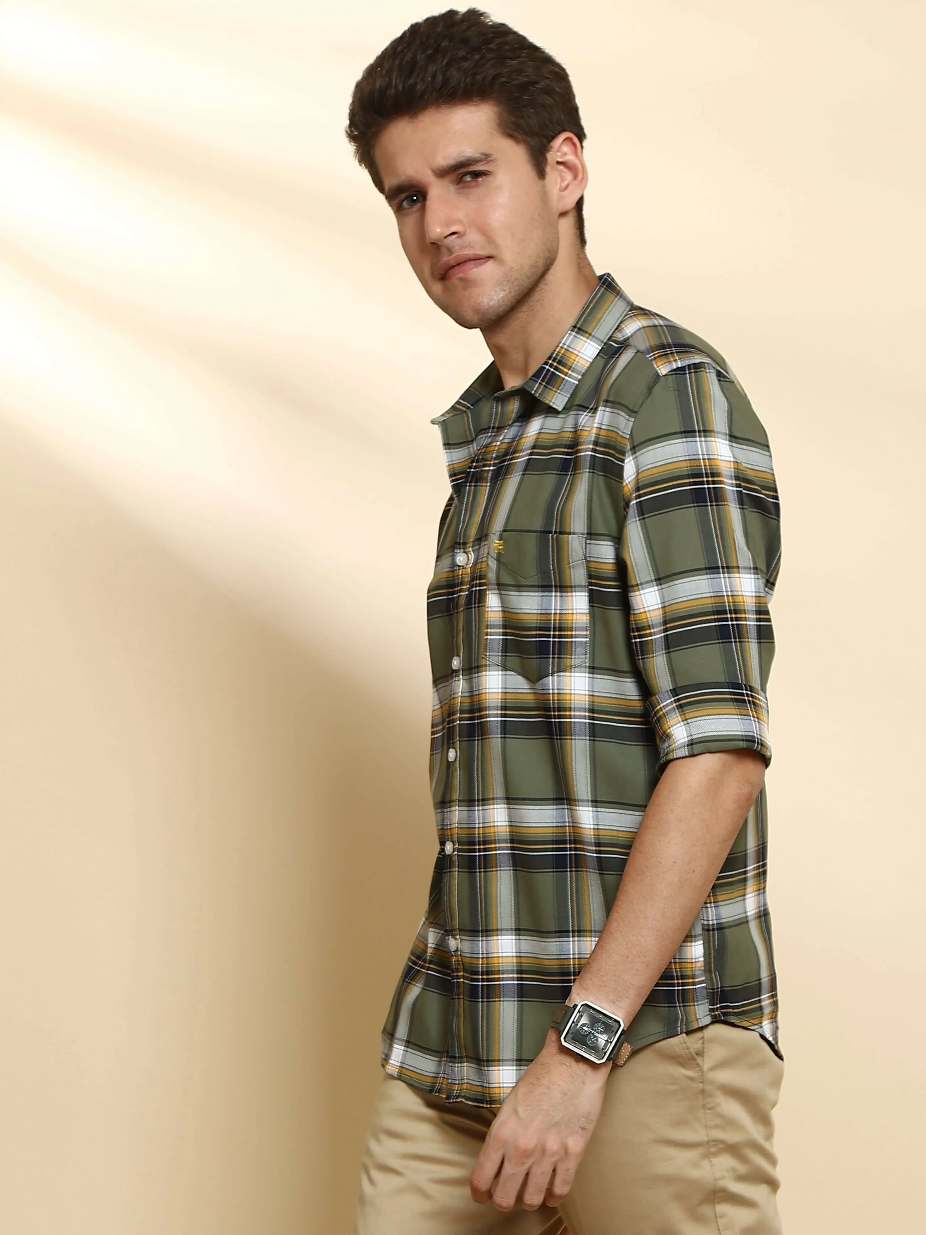 Olive Check Casual Full Sleeve Shirt