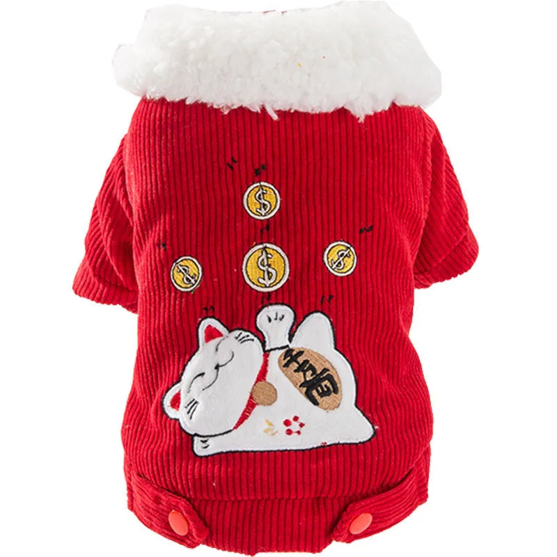 Pet Clothes Cat Clothing Thickened Warm Red Autumn and Winter Clothing