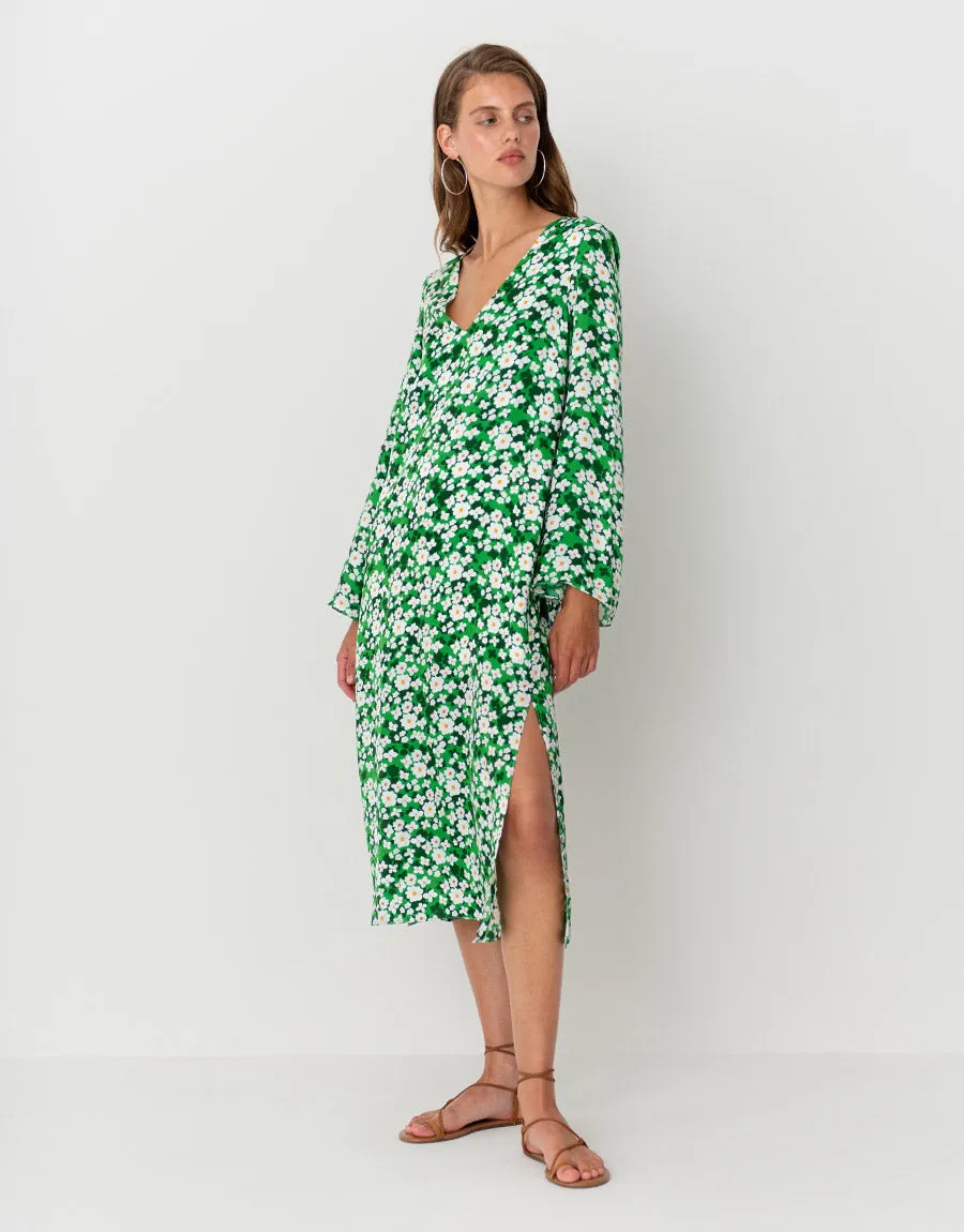 Phoenix Hammered Satin Midi Dress - Flower Burst Green