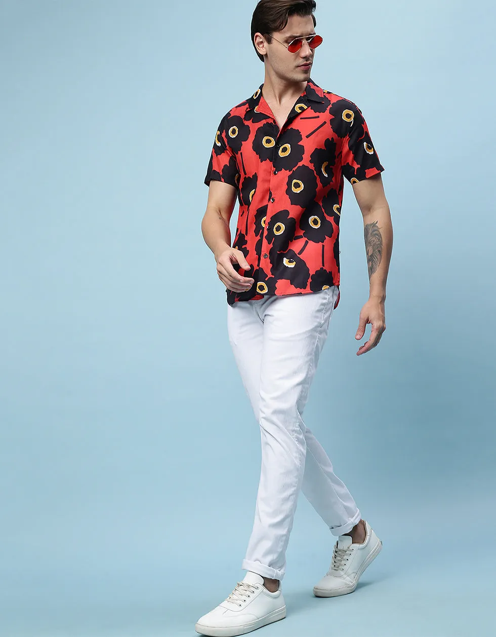 Red Floral Printed Casual Shirt