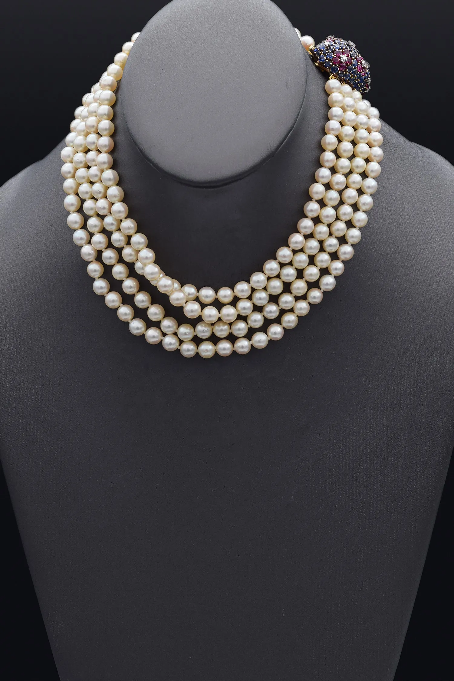 Vintage 14K Gold Multi-Stone Diamond & Sea Pearl Multi-Strand Necklace 15 Inches