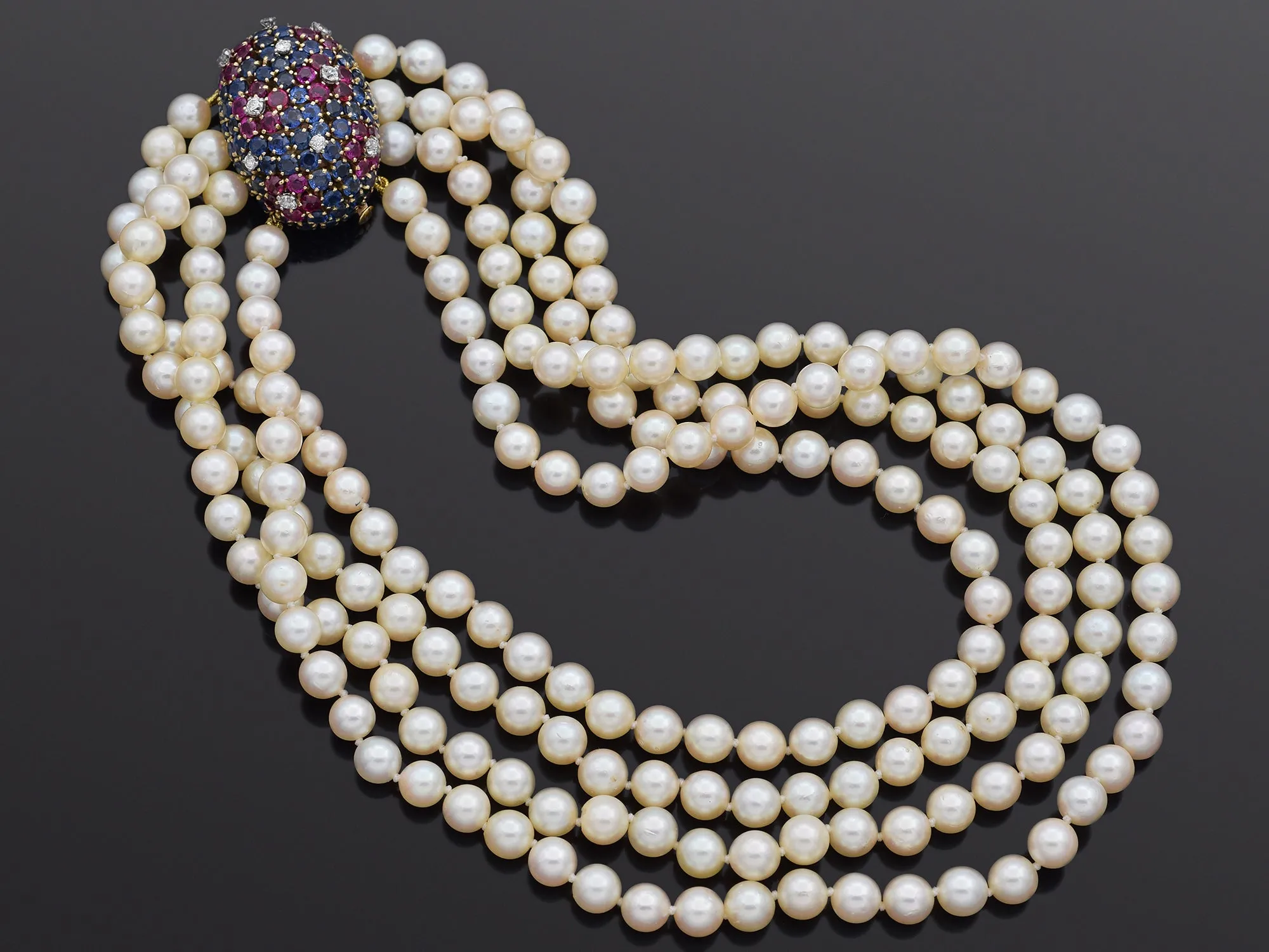 Vintage 14K Gold Multi-Stone Diamond & Sea Pearl Multi-Strand Necklace 15 Inches