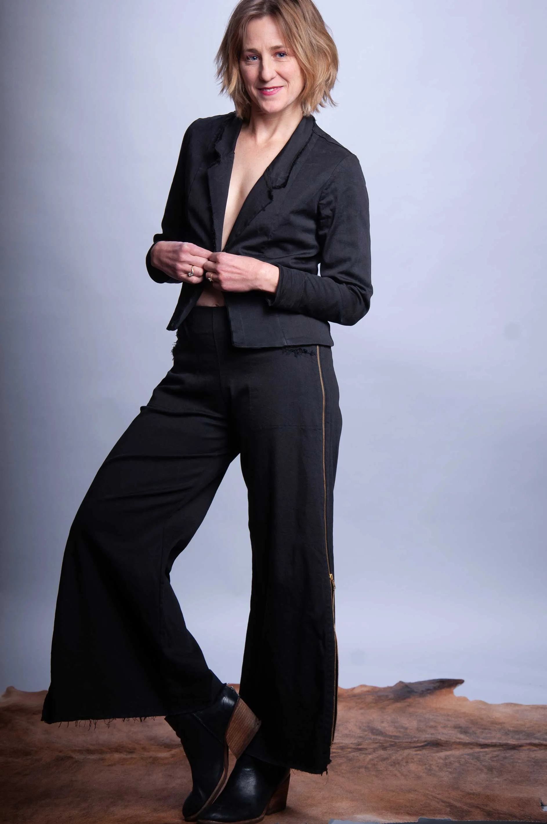 Wide Leg Zip Pant - Faded Black Denim