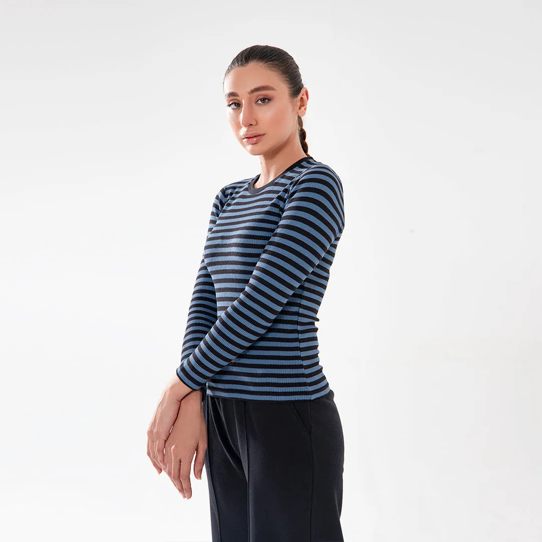 Women Blue Stripped Waffle Knit Top