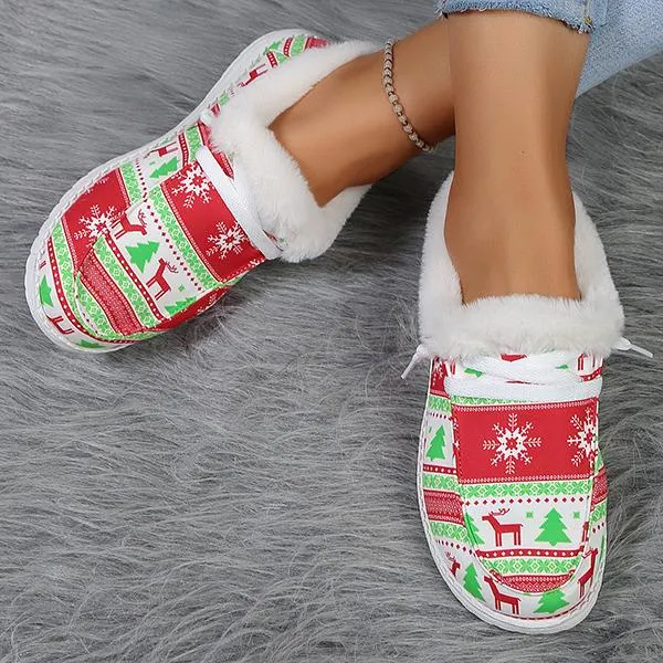 Women's Casual Christmas Printed Plush Flats 87424281S