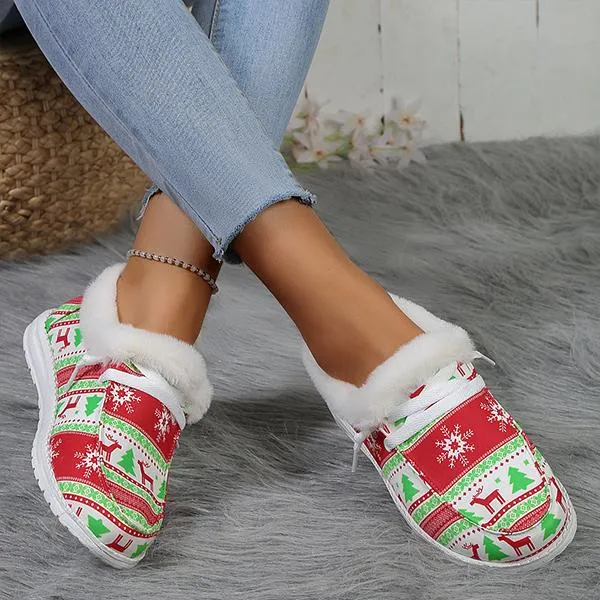 Women's Casual Christmas Printed Plush Flats 87424281S